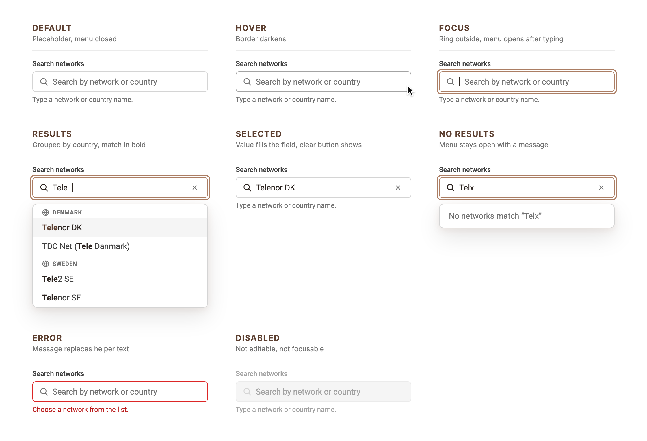 Type-ahead with label and helper text in eight states: default, hover, focus, results grouped by country, selected with clear button, no results, error, disabled